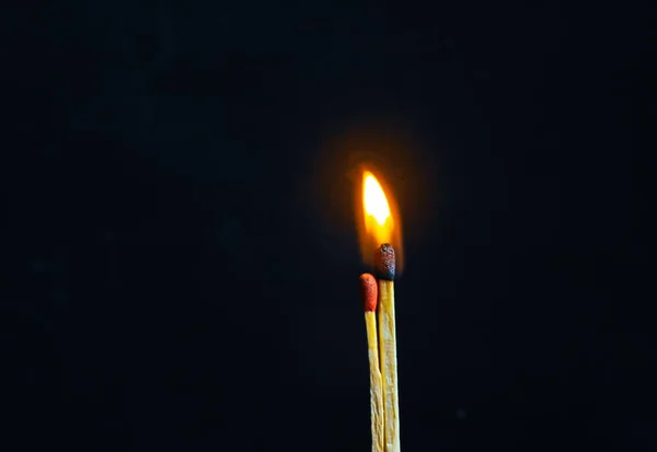 Couple Matches Burning Together Heat Flame Isolated Black Background — Stock Photo, Image