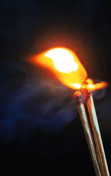 Couple Matches Burning Together Heat Flame Isolated Black Background — Stock Photo, Image