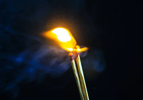 Couple Matches Burning Together Heat Flame Isolated Black Background — Stock Photo, Image