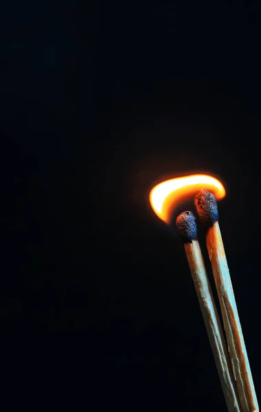 Couple Matches Burning Together Heat Flame Isolated Black Background — Stock Photo, Image