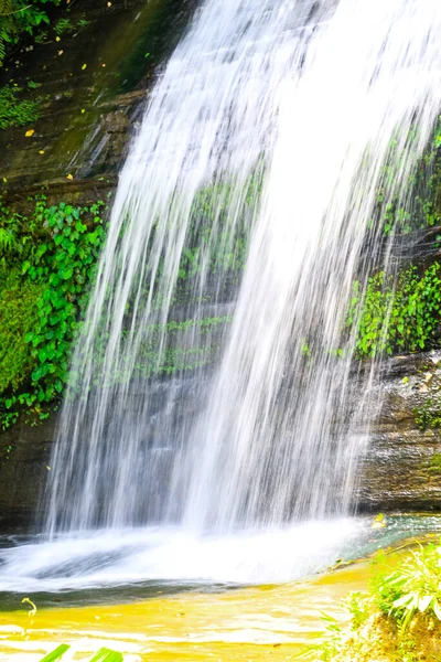 Yüksek bir duvardan çağlayan su. Bangladeş, Khagrachhari 'deki en güzel ve en büyük şelale. Adı Richang Şelalesi..