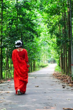 Yeşil asfalt yolda yürüyen kırmızı sari giyen genç bir kadın. Kız ormanda yol boyunca ışığa doğru yürür. Chattogram / 2020.