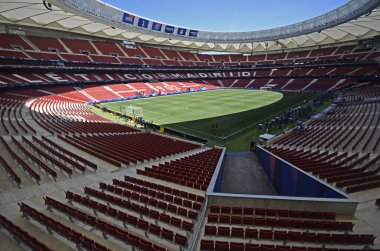 MADRID, SPAIN - 31 Mayıs 2019: Wanda Metropolitano 'da Tottenham Hotspur (İngiltere) ile Liverpool FC (İngiltere) arasında oynanan 2018 / 19 UEFA Şampiyonlar Ligi finalinden bir gün önce çekilen mekan manzarası.