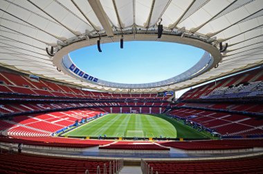 MADRID, SPAIN - 31 Mayıs 2019: Wanda Metropolitano 'da Tottenham Hotspur (İngiltere) ile Liverpool FC (İngiltere) arasında oynanan 2018 / 19 UEFA Şampiyonlar Ligi finalinden bir gün önce çekilen mekan manzarası.