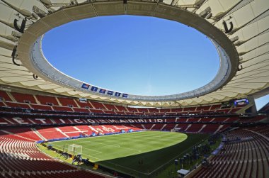 MADRID, SPAIN - 31 Mayıs 2019: Wanda Metropolitano 'da Tottenham Hotspur (İngiltere) ile Liverpool FC (İngiltere) arasında oynanan 2018 / 19 UEFA Şampiyonlar Ligi finalinden bir gün önce çekilen mekan manzarası.