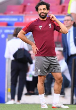 MADRID, SPAIN - 31 Mayıs 2019: Liverpool 'lu Mohamed Salah, Wanda Metropolitano' daki Tottenham Hotspur (İngiltere) ile Liverpool FC (İngiltere) arasında yapılan 2018 / 19 UEFA Şampiyonlar Ligi Finali 'nden bir gün önce yapılan eğitim oturumunda resmedildi..
