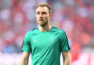 MADRID, İspanya - 1 Haziran 2019: Tottenham 'dan Christian Eriksen, Wanda Metropolitano' da Tottenham Hotspur (İngiltere) ile Liverpool FC (İngiltere) arasında oynanan 2018 / 19 UEFA Şampiyonlar Ligi Finali öncesinde çekilmiştir..