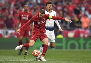 MADRID, İspanya - 1 Haziran 2019: Liverpool 'dan Jordan Henderson, Wanda Metropolitano' da Tottenham Hotspur (İngiltere) ile Liverpool FC (İngiltere) arasında oynanan 2018 / 19 UEFA Şampiyonlar Ligi Finali sırasında çekilmiştir..