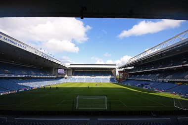 GLASGOW, SCOTLAND - 18 Temmuz 2019: 2019 / 20 UEFA Avrupa Ligi Birinci Eleme Turu öncesinde Ibrox Park 'taki Rangers FC (İskoçya) ve St Joseph' s FC (Cebelitarık) arasında oynanan karşılaşmanın genel görünümü.