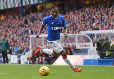 GLASGOW, SCOTLAND - 18 Temmuz 2019: Rangers takımından Alfredo Morelos, 2019 / 20 UEFA Avrupa Ligi 'nin Rangers FC (İskoçya) ve St Joseph' s FC (Cebelitarık) arasındaki birinci tur ön eleme maçının ikinci ayağı sırasında resmedildi..