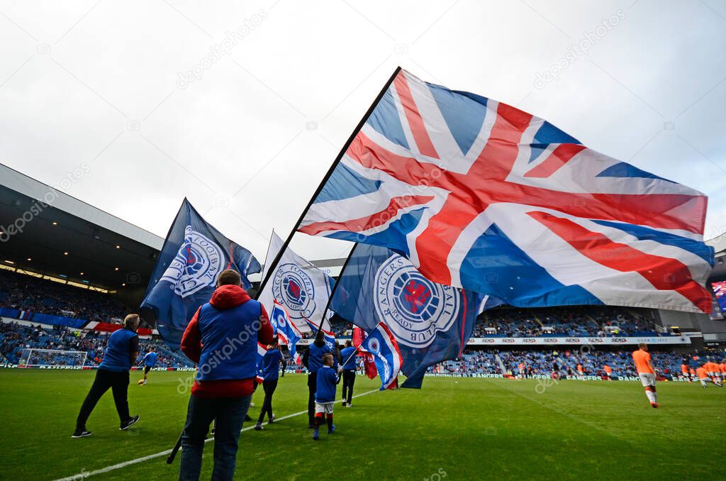 GLASGOW, SCOTLAND - JULY 18, 2019: Rangers falgs pictured prior to the 2nd leg of the 2019/20 UEFA Europa League First Qualifying Round game between Rangers FC (Scotland) and St Joseph's FC (Gibraltar) at Ibrox Park.