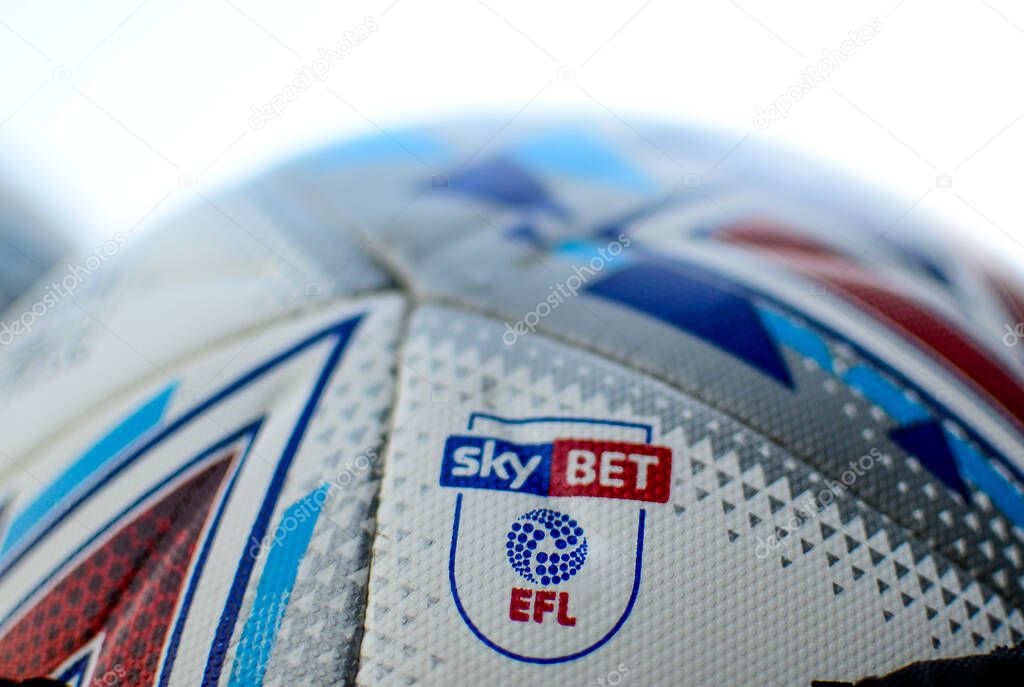 LONDON, ENGLAND - AUGUST 24, 2019: Detail of the official EFL SkyBet Championship match ball pictured ahead of the 2019/20 EFL SkyBet Championship game between Fulham FC and Nottingham Forest FC at Craven Cottage.