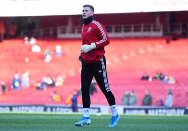LONDON, ENGLAND - 18 Ocak 2020: Sheffield 'den Dean Henderson, Arsenal FC ile Sheffield United arasında oynanan 2019 / 20 Premier League maçı öncesinde Emirates Stadyumu' nda çekilmiştir..
