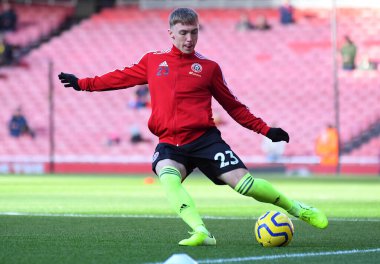 LONDON, ENGLAND - 18 Ocak 2020: Sheffield 'den Ben Osborn, Emirates Stadyumu' nda Arsenal FC ile Sheffield United arasında oynanan 2019 / 20 Premier League maçı öncesinde çekilmiştir..