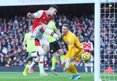LONDON, ENGLAND - 18 Ocak 2020: Arsenal 'den Gabriel Martinelli, Arsenal FC ile Sheffield United arasında oynanan 2019 / 20 Premier League maçında Emirates Stadyumu' nda gol attı..
