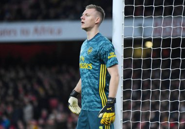 LONDON, ENGLAND - 18 Ocak 2020: Arsenal 'den Bernd Leno, Emirates Stadyumu' nda Arsenal FC ile Sheffield United arasında oynanan 2019 / 20 Premier League maçı sırasında çekilmiştir..