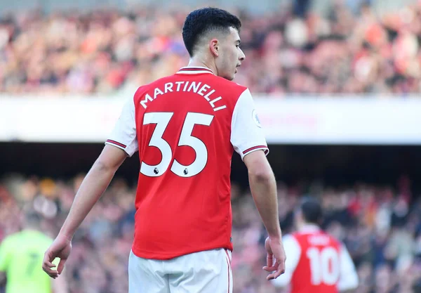 LONDON, ENGLAND - 18 Ocak 2020: Arsenal 'den Gabriel Martinelli, Arsenal FC ile Sheffield United FC arasında oynanan 2019 / 20 Premier League maçı sırasında Emirates Stadyumu' nda çekilmiştir..