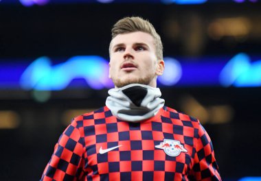 LONDON, ENGLAND - 19 Şubat 2020: Leipzig takımının Timo Werner 'i, Tottenham Hotspur FC ile RB Leipzig arasında oynanan 2019 / 20 UEFA Şampiyonlar Ligi karşılaşmasının ilk ayağı öncesinde çekilmiştir..