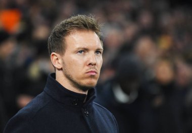 LONDON, ENGLAND - 19 Şubat 2020: Leipzig teknik direktörü Julian Nagelsmann, Tottenham Hotspur FC ve RB Leipzig arasında oynanan 2019 / 20 UEFA Şampiyonlar Ligi Şampiyonlar Ligi turunun ilk ayağı öncesinde, Tottenham Hotspur Stadyumu 'nda oynanan 16..