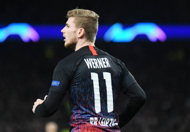 LONDON, ENGLAND - 19 Şubat 2020: Leipzig 'den Timo Werner, Tottenham Hotspur FC ve RB Leipzig arasında oynanan 2019 / 20 UEFA Şampiyonlar Ligi 16. Raundunda çekildi..