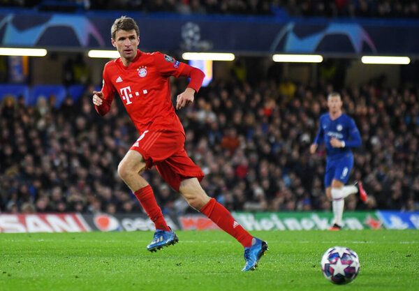 LONDON, ENGLAND - FEBRUARY 26, 2020: Thomas Muller of Bayern pictured during the 2019/20 UEFA Champions League Round of 16 game between Chelsea FC and Bayern Munich at Stamford Bridge.