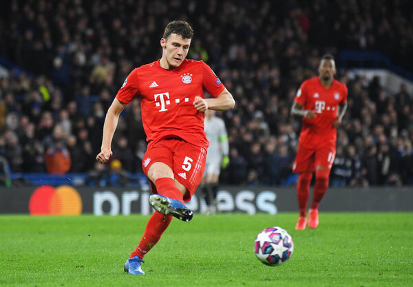 LONDON, ENGLAND - FEBRUARY 26, 2020: Benjamin Pavard of Bayern pictured during the 2019/20 UEFA Champions League Round of 16 game between Chelsea FC and Bayern Munich at Stamford Bridge.