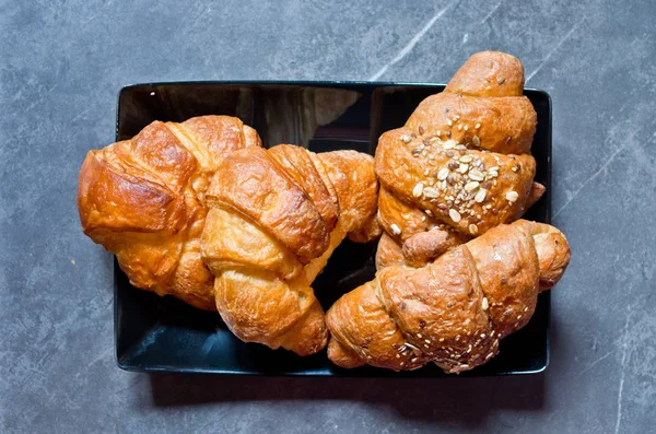 Excellent Healthy Breakfast Butter Cereal Croissants Black Tray Bleached Wooden — Stock Photo, Image