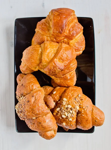 Excellent Healthy Breakfast Butter Cereal Croissants Black Tray Bleached Wooden — Stock Photo, Image