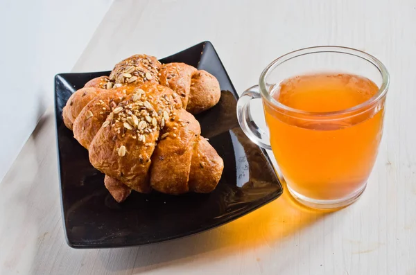 Excellent Healthy Breakfast Butter Cereal Croissants Black Tray Bleached Wooden — Stock Photo, Image