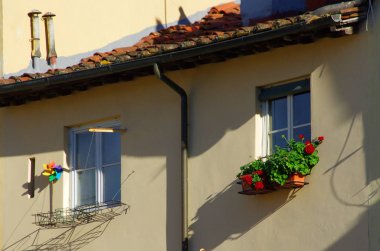 Windows bir antik palace'nın cam vazolar çiçek ve renkler ile