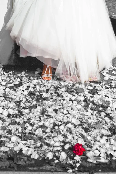 Красивые Элегантные Туфли Украсить Платье Невесты Самый Красивый День Свадьба — стоковое фото