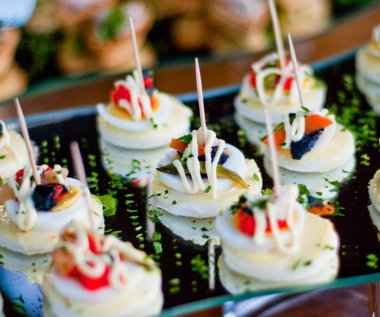 gerçek açık büfe tablolar canaps, sandviç, soğuk etler, peynir meze için hazır.