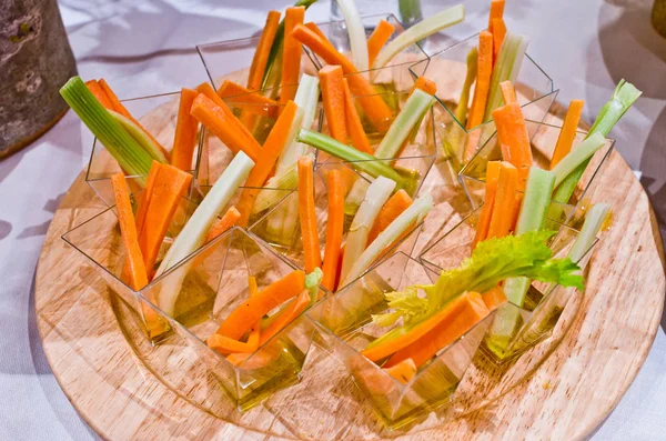 Healthy Appetizer Vegetables Carrot Celery Olive Oil Salt Pepper Wooden — Stock Photo, Image