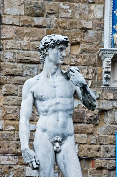 Estátua David Michelangelo Florência Com Sinais Tempo Decadência Frente Palazzo — Fotografia de Stock