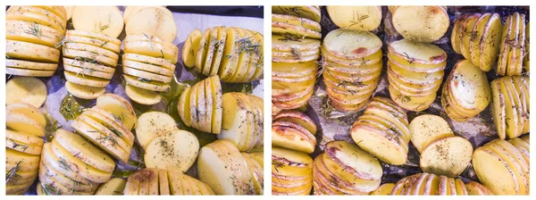 Pieczone Ziemniaki z rozmarynem i olej: surowe i gotowane — Zdjęcie stockowe