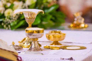 Kutsanmış ev sahibiyle sunak şarap için İsa Mesih 'in bedeni, İsa' nın kanı, Roma 'daki François Papa' nın kilisesinde