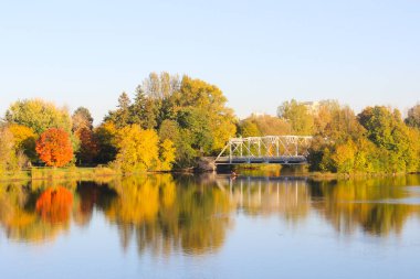 Su boyunca ağaçlar var. Sarı ve turuncu renkli sonbahar yaprakları. Mavi su ve gökyüzü. Beyaz köprü iki kıyıya bağlanıyor. Ottawa Kanada Güz 2012