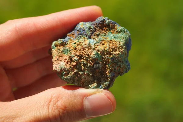 Colourful Lepidolite Mineral Brazil Held Hand — Zdjęcie stockowe