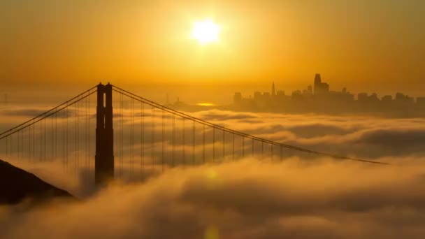 以晨雾和旧金山天际线为背景的金门大桥日出 — 图库视频影像