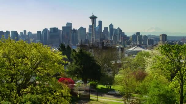 Seattle Skyline Del Centro Una Soleggiata Giornata Primaverile — Video Stock