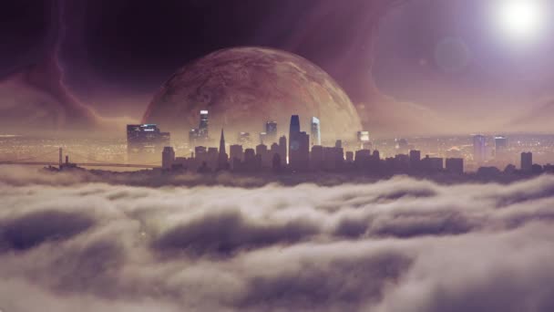 在一个幻想的古老的外星世界里 月亮在城市的天际升起 — 图库视频影像