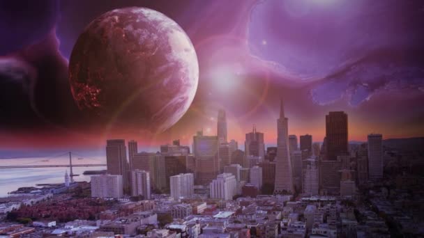 Velký Měsíc Stoupá Nad Panorama Města Fantazii Mimozemského Světa — Stock video