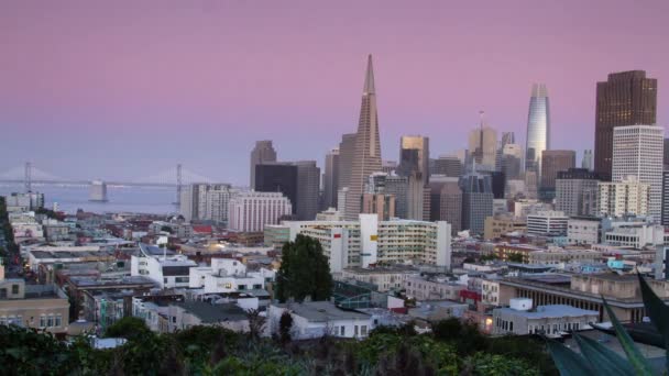 San Francisco Centro Skyline Amanecer Noche Lapso Tiempo — Vídeo de stock