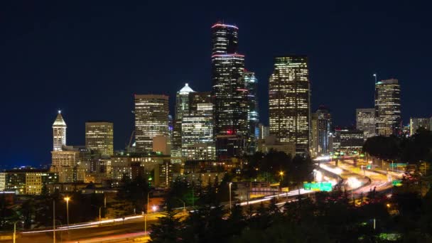Skyline Von Seattle Bei Nacht — Stockvideo