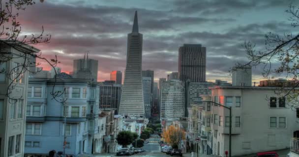 Lebendiger Rosafarbener Sonnenaufgang Über Der Skyline Von San Francisco — Stockvideo