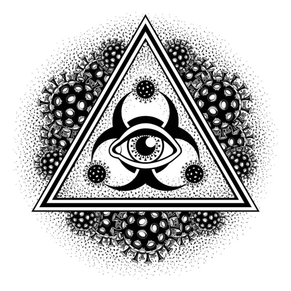 Mindent Látó Szem Biológiai Veszély Szimbólum Egy Háromszögben Háromszöget Koronavírus — Stock Vector
