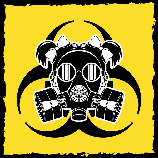 Klein Meisje Met Een Gasmasker Geel Achtergrond Biohazard Symbool Vectorillustratie — Stockvector