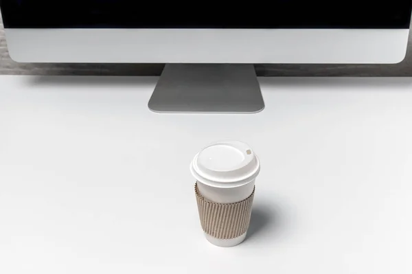 Arbeitsbereich Und Leerer Bildschirm Desktop Computer Mock Desktop Computer Kaffee — Stockfoto