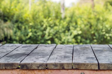 Güneşli yaz gününde yeşil çalıların bulanık arka planında gri ahşap bir masa. Desen, arkaplan, poster, duvar kağıdı