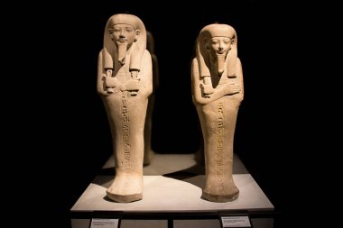 Leiden, Hollanda 26 Ocak 2019: Leiden 'daki Mısır Tanrıları sergisindeki Antik Şabat heykellerine yakın çekim.